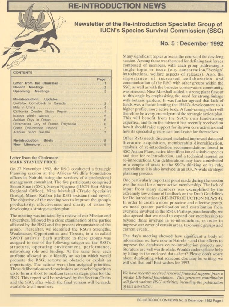 Cover of Re-introduction News December 1992