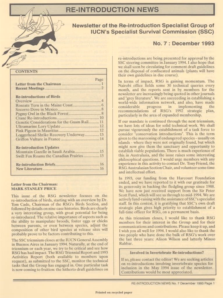 Cover of Re-introduction News December 1993