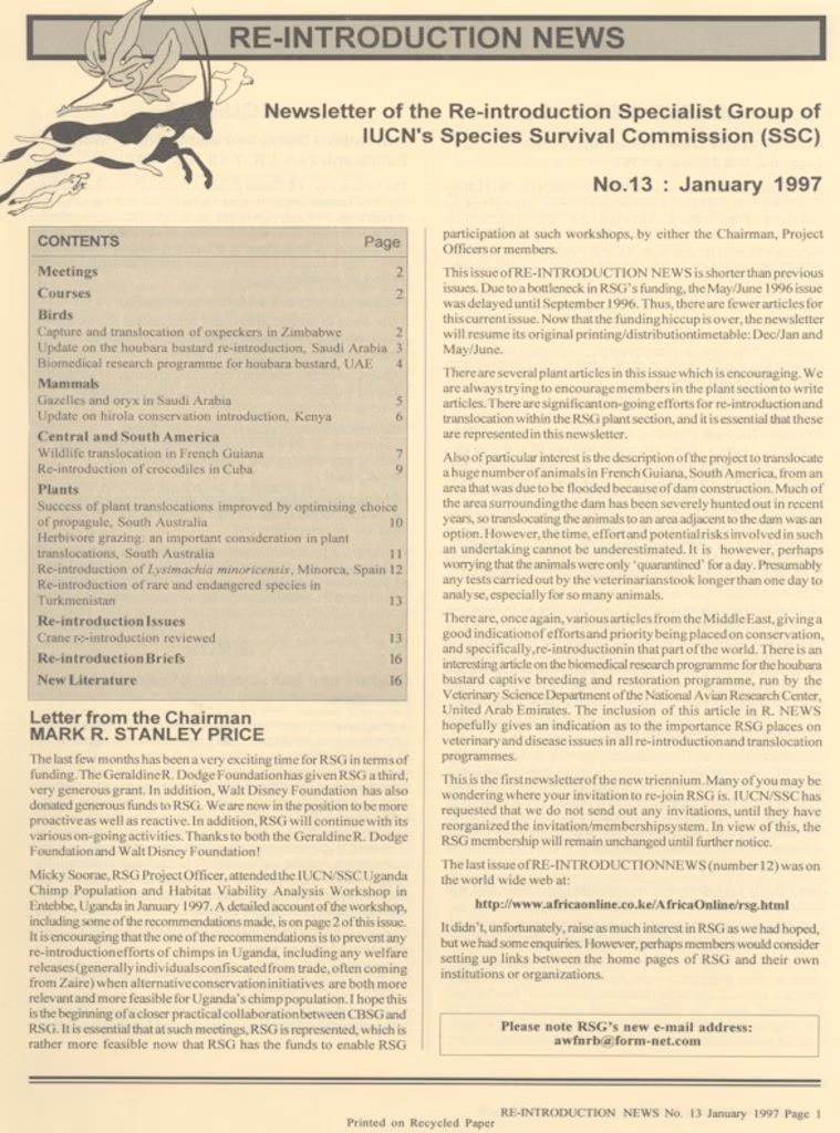 Cover of Re-introduction News January 1997