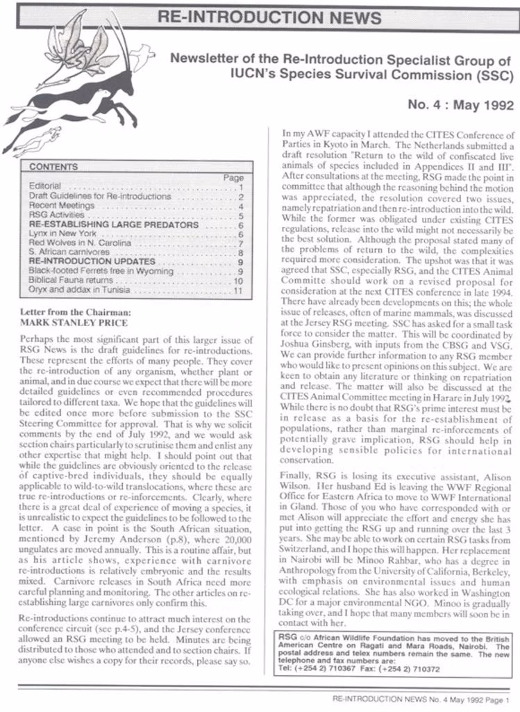 Cover of Re-introduction News May 1992