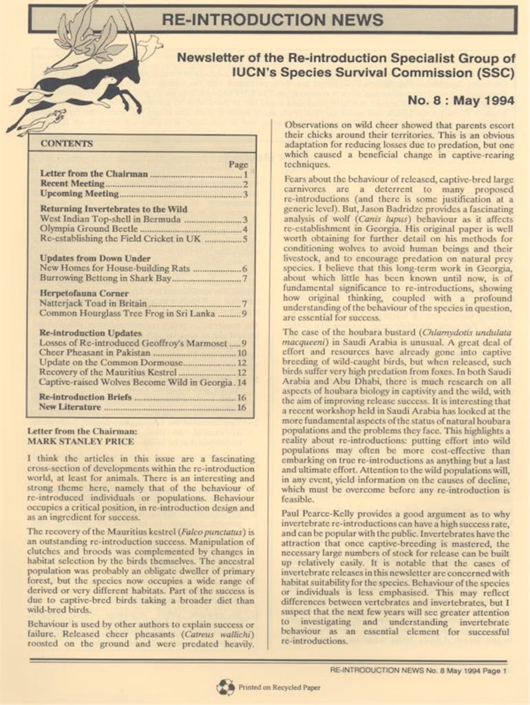 Cover of Re-introduction News May 1994