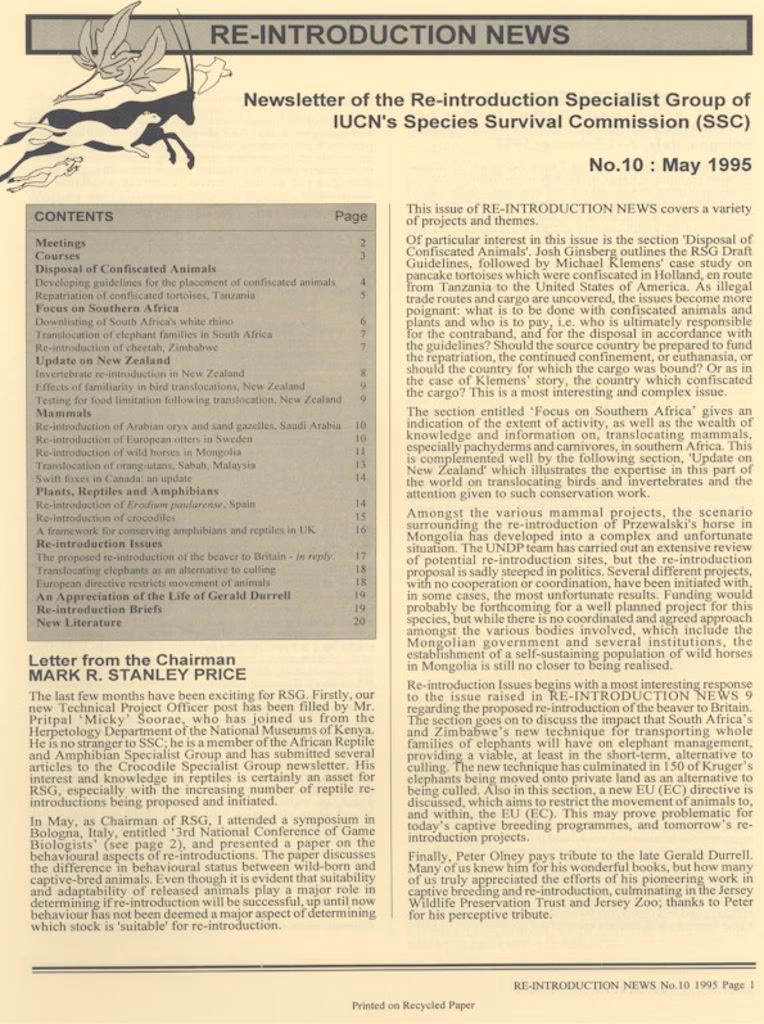 Cover of Re-introduction News May 1995