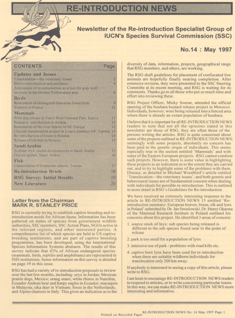 Cover of Re-introduction News May 1997