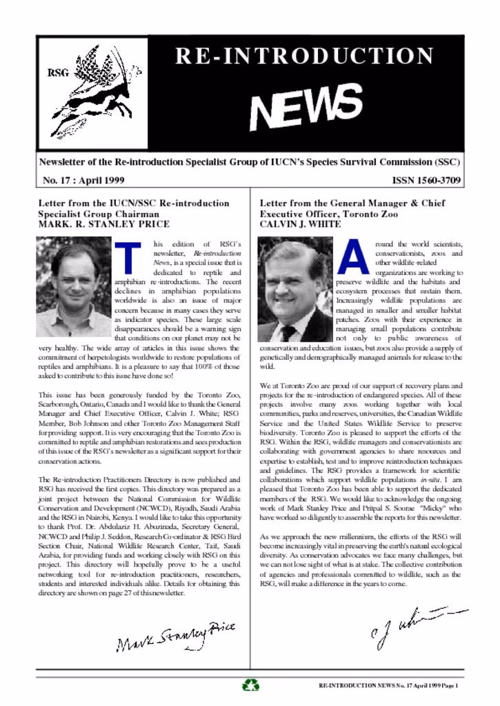Cover of Re-introduction News April 1999