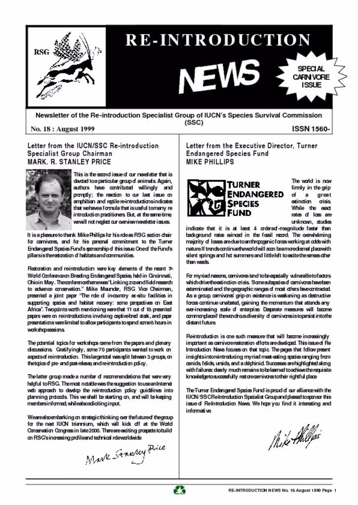 Cover of Re-introduction News August 1999