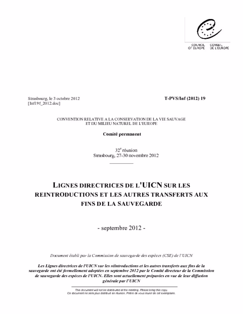 Cover of Guidelines for Reintroductions and Other Conservation Translocations – French